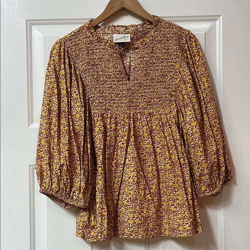 Universal Thread Floral Smocked Blouse - Yellow and Brown